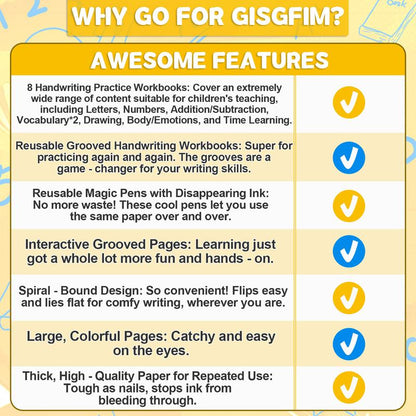 GISGFIM 8 Pieces Magic Grooved Writing Practice Books Disappearing Ink Pens Reusable Groove Workbooks Tracing Handwriting Practice without Tears for Kids Kindergarten Preschool Supplies,10.2 X 7.3Inch