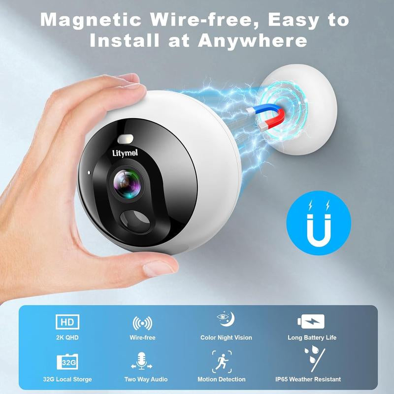 Litymol 2K Magnetic Wireless Window Security Camera with AI Motion Detection, Color Night Vision, Two-Way Audio, and Cloud Storage